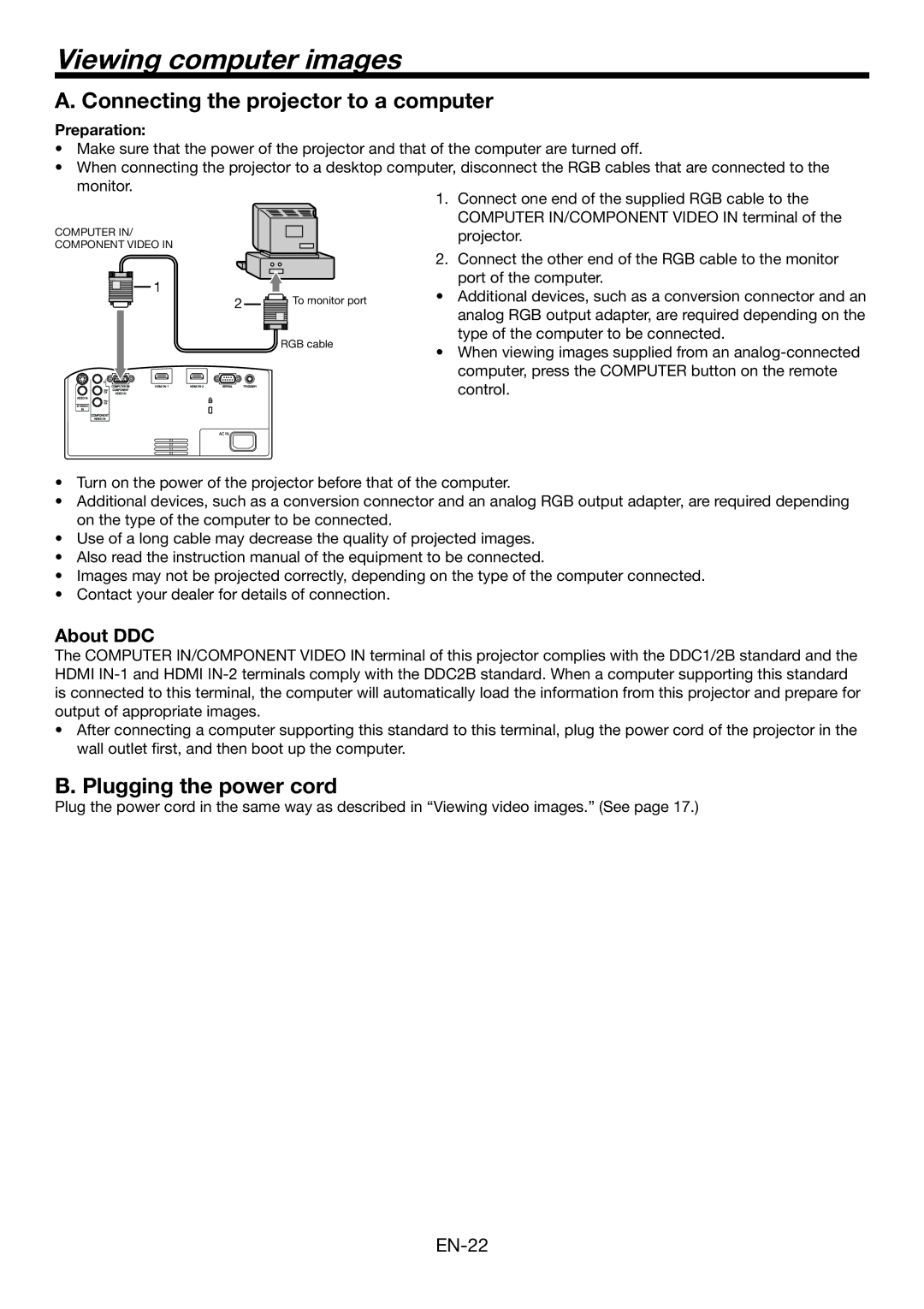 Mitsumi electronic HC6500 Viewing computer images, Connecting the projector to a computer, Plugging the power cord 