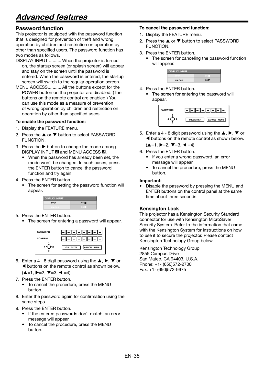 Mitsumi electronic HC6500 user manual Advanced features, Password function, To enable the password function 