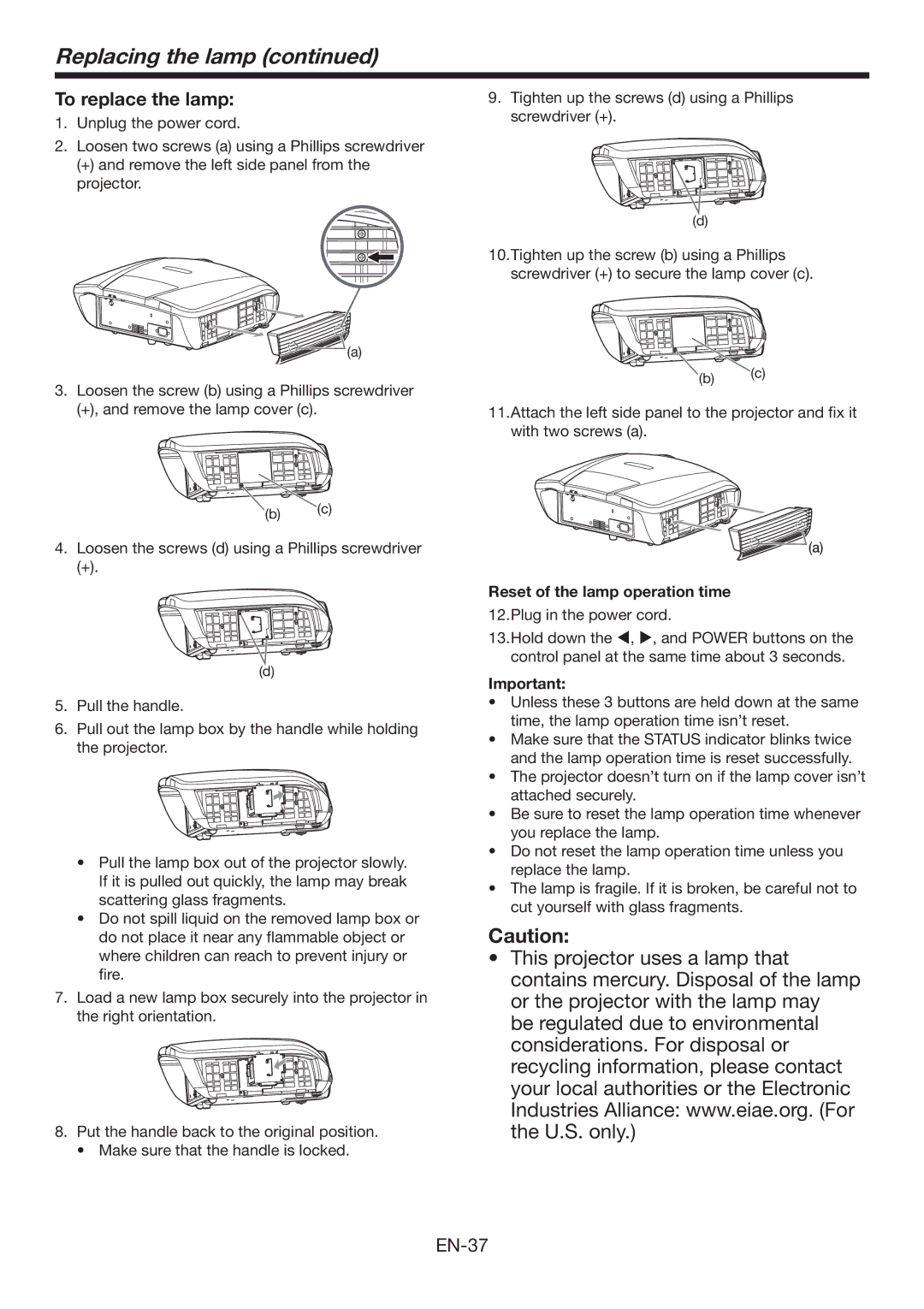 Mitsumi electronic HC6500 user manual Replacing the lamp, To replace the lamp, Reset of the lamp operation time 