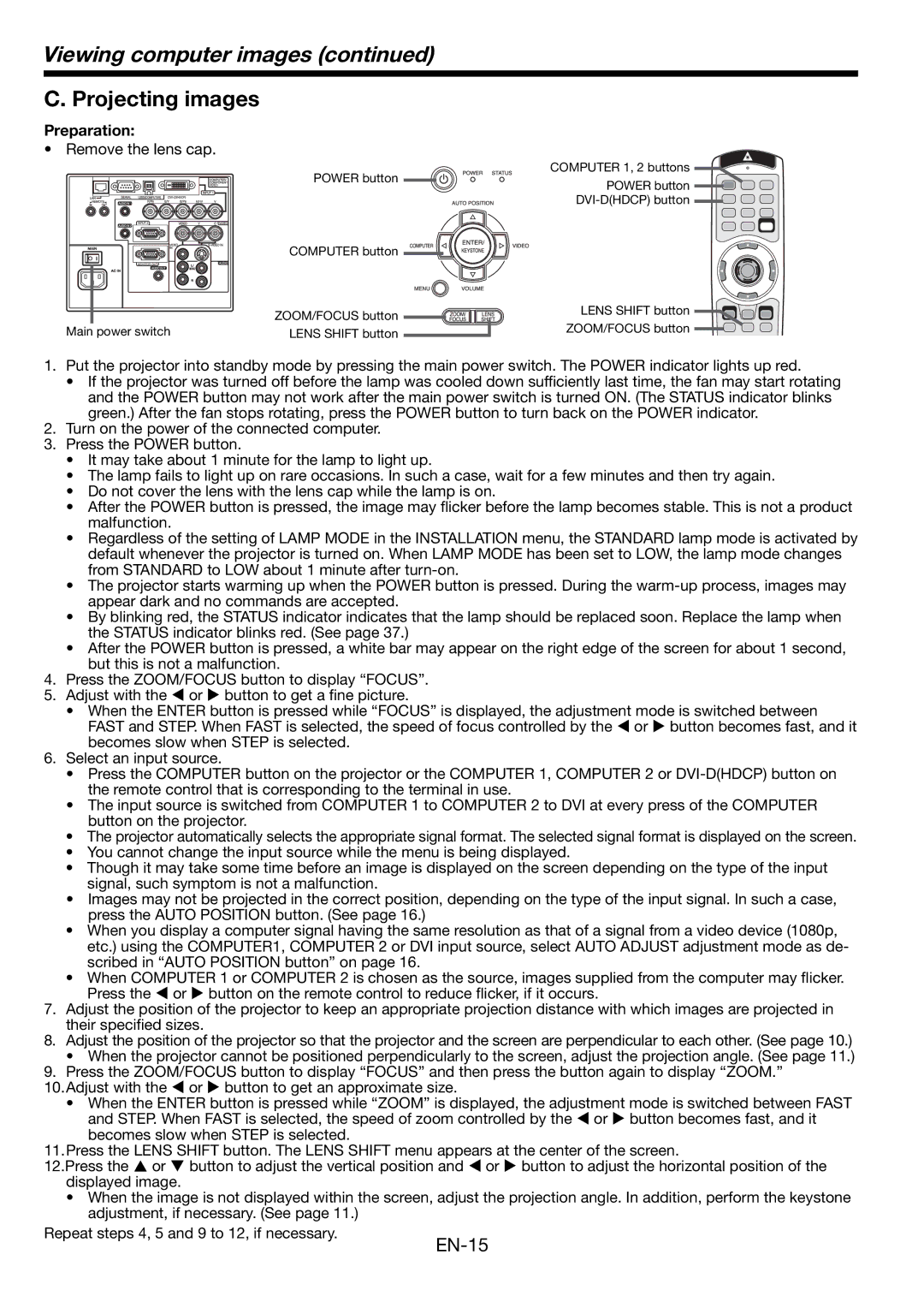 Mitsumi electronic HD8000 user manual Projecting images, Remove the lens cap 