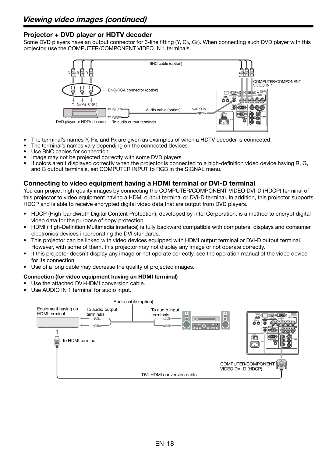 Mitsumi electronic HD8000 user manual Viewing video images, Projector + DVD player or Hdtv decoder 