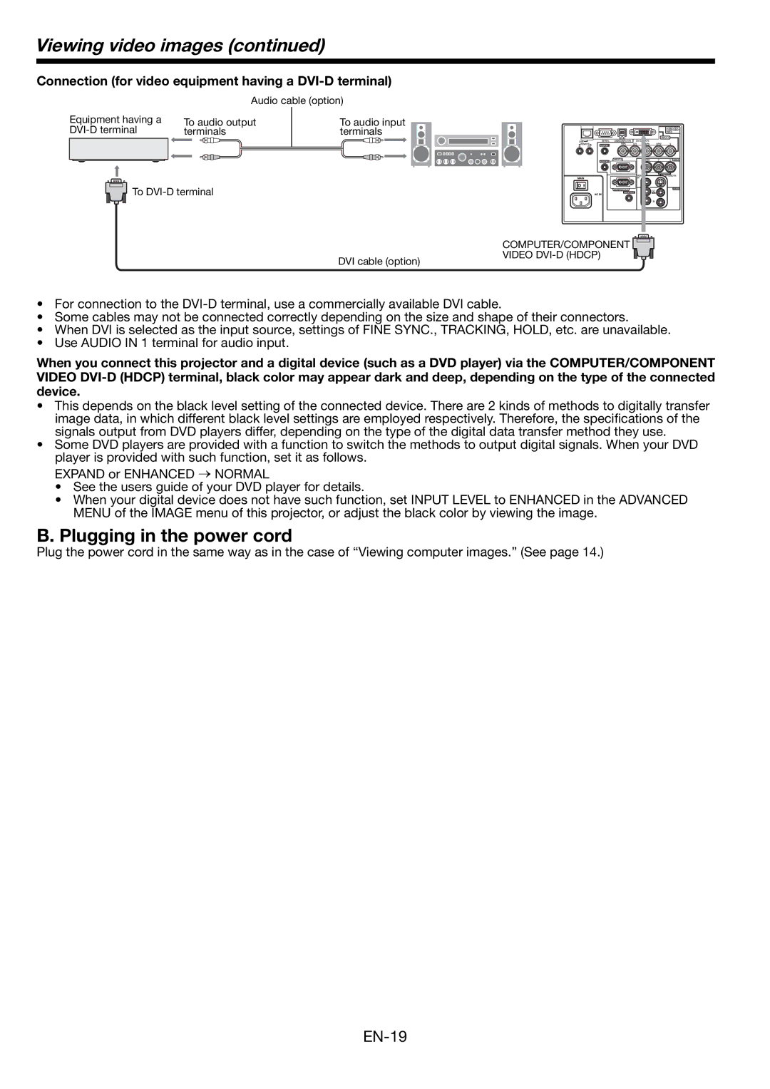 Mitsumi electronic HD8000 user manual Plugging in the power cord, Connection for video equipment having a DVI-D terminal 