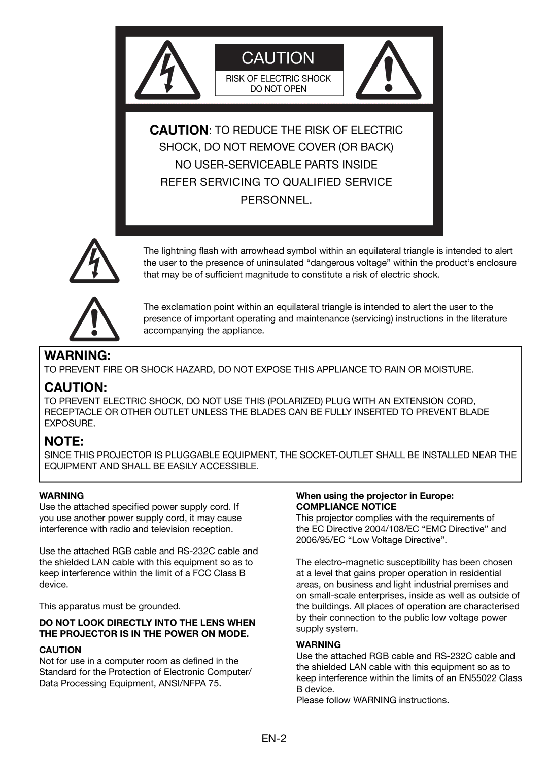 Mitsumi electronic HD8000 user manual When using the projector in Europe, Compliance Notice 