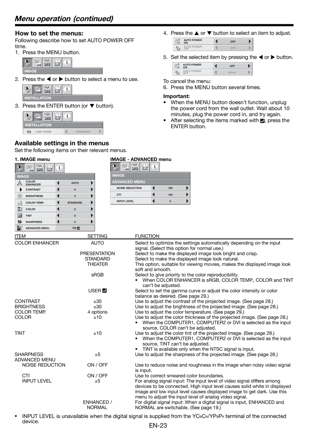 Mitsumi electronic HD8000 user manual Menu operation, How to set the menus, Available settings in the menus 