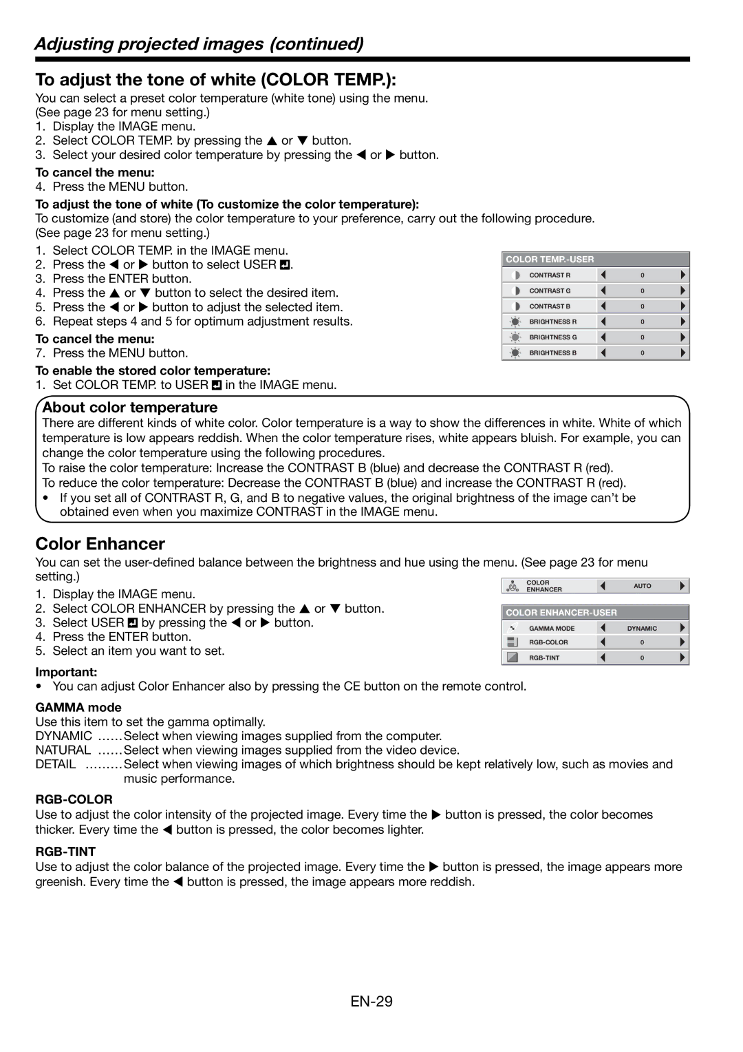 Mitsumi electronic HD8000 user manual Adjusting projected images, To adjust the tone of white Color Temp, Color Enhancer 