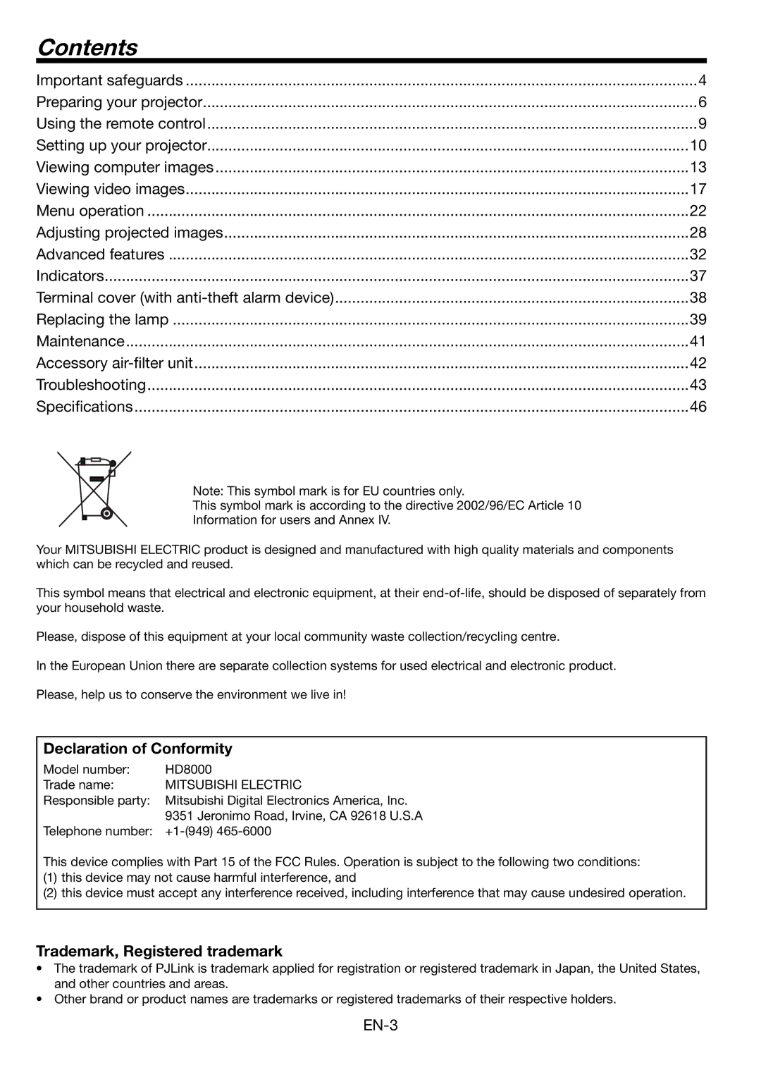 Mitsumi electronic HD8000 user manual Contents 