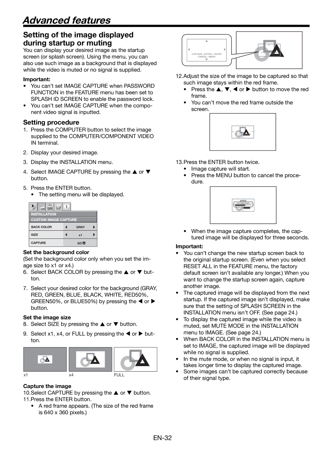 Mitsumi electronic HD8000 user manual Advanced features, Setting procedure, Set the background color, Set the image size 