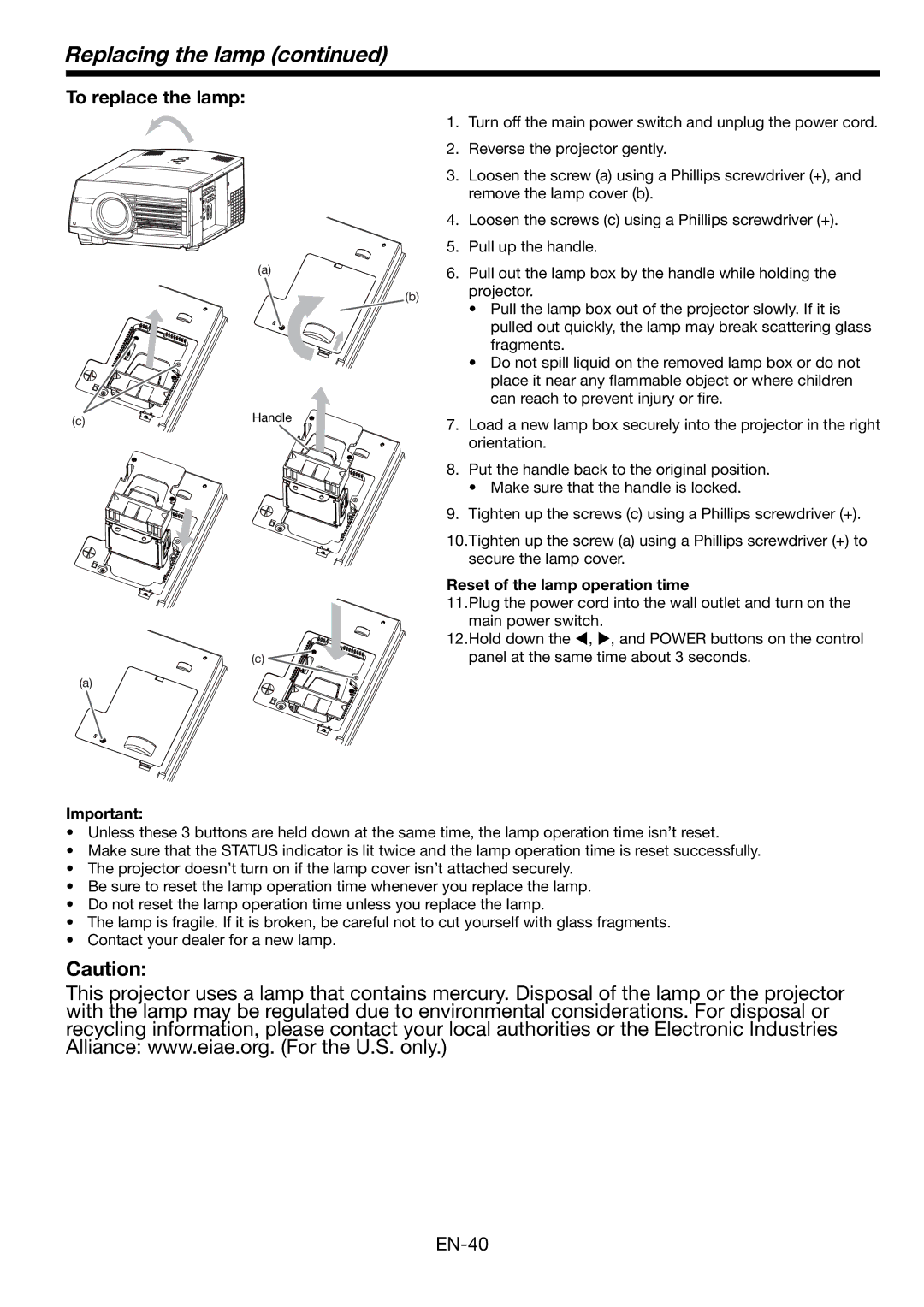 Mitsumi electronic HD8000 user manual Replacing the lamp, To replace the lamp, Reset of the lamp operation time 