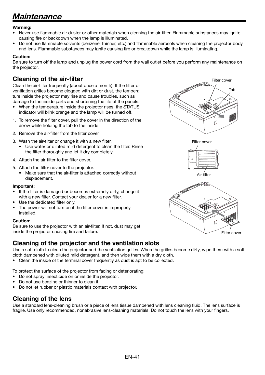 Mitsumi electronic HD8000 Maintenance, Cleaning of the air-ﬁlter, Cleaning of the projector and the ventilation slots 