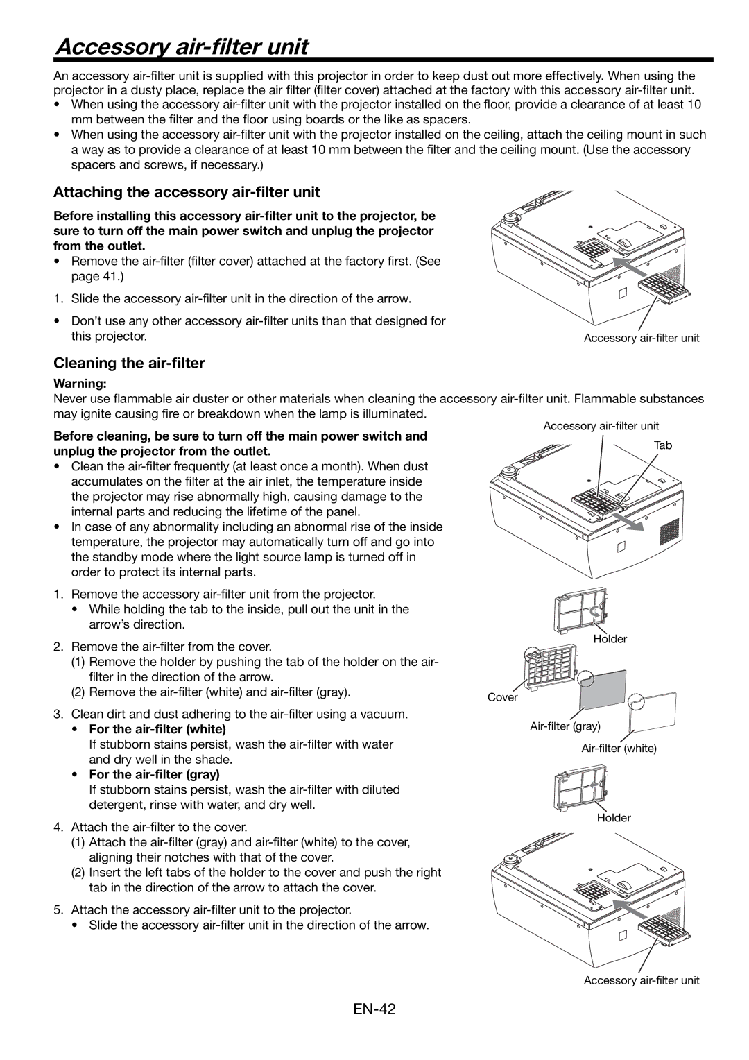 Mitsumi electronic HD8000 Accessory air-ﬁlter unit, Attaching the accessory air-ﬁlter unit, Cleaning the air-ﬁlter 