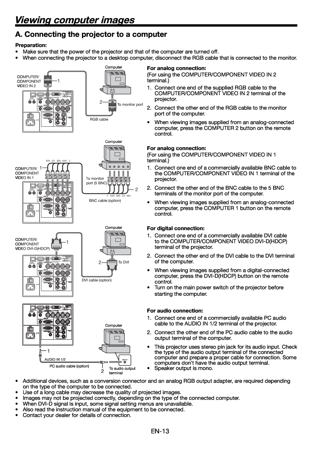 Mitsumi electronic HD8000 user manual Viewing computer images, A. Connecting the projector to a computer, Preparation 