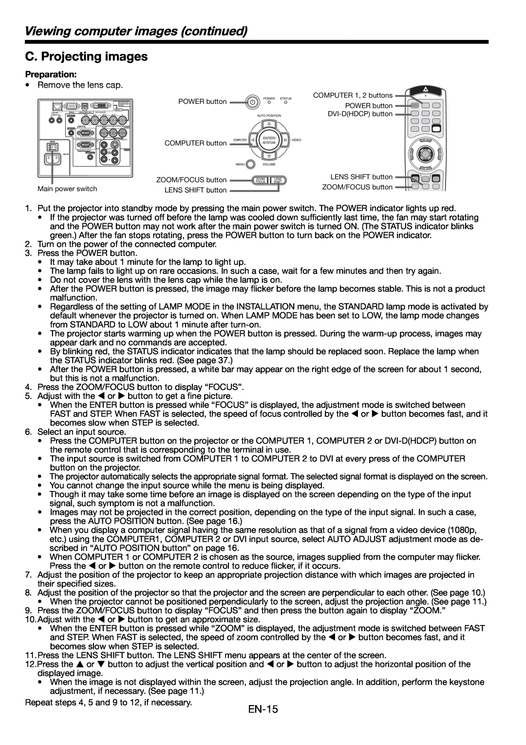 Mitsumi electronic HD8000 user manual C. Projecting images, Viewing computer images continued, EN-15, Preparation 