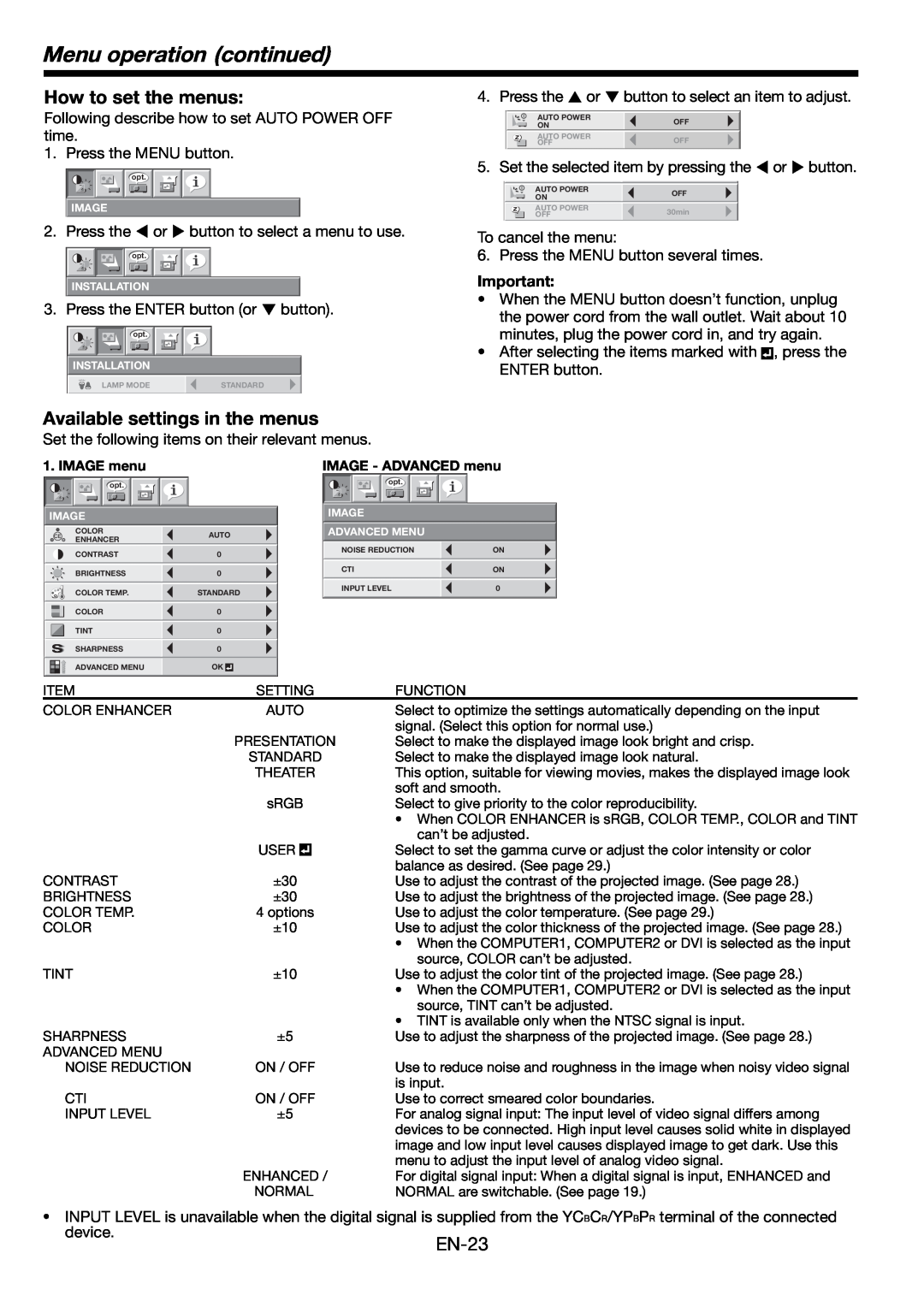 Mitsumi electronic HD8000 user manual Menu operation continued, How to set the menus, Available settings in the menus 