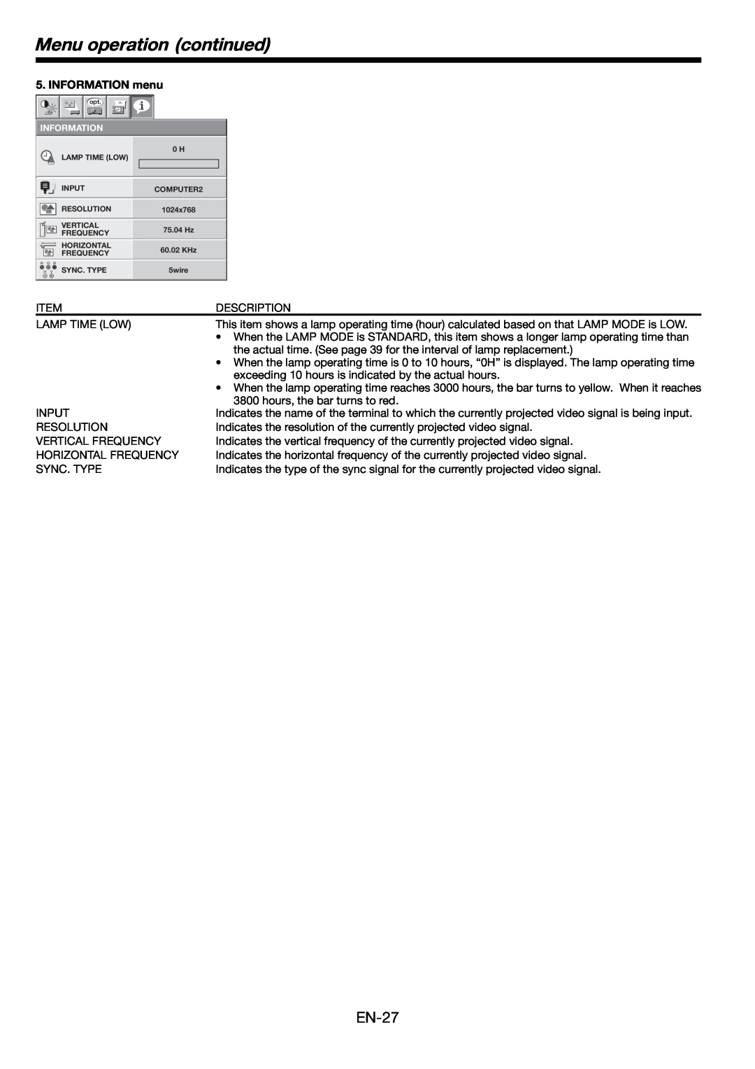 Mitsumi electronic HD8000 user manual Menu operation continued, EN-27, INFORMATION menu 