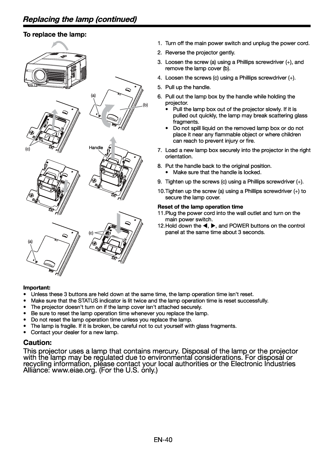 Mitsumi electronic HD8000 user manual Replacing the lamp continued, To replace the lamp, Reset of the lamp operation time 