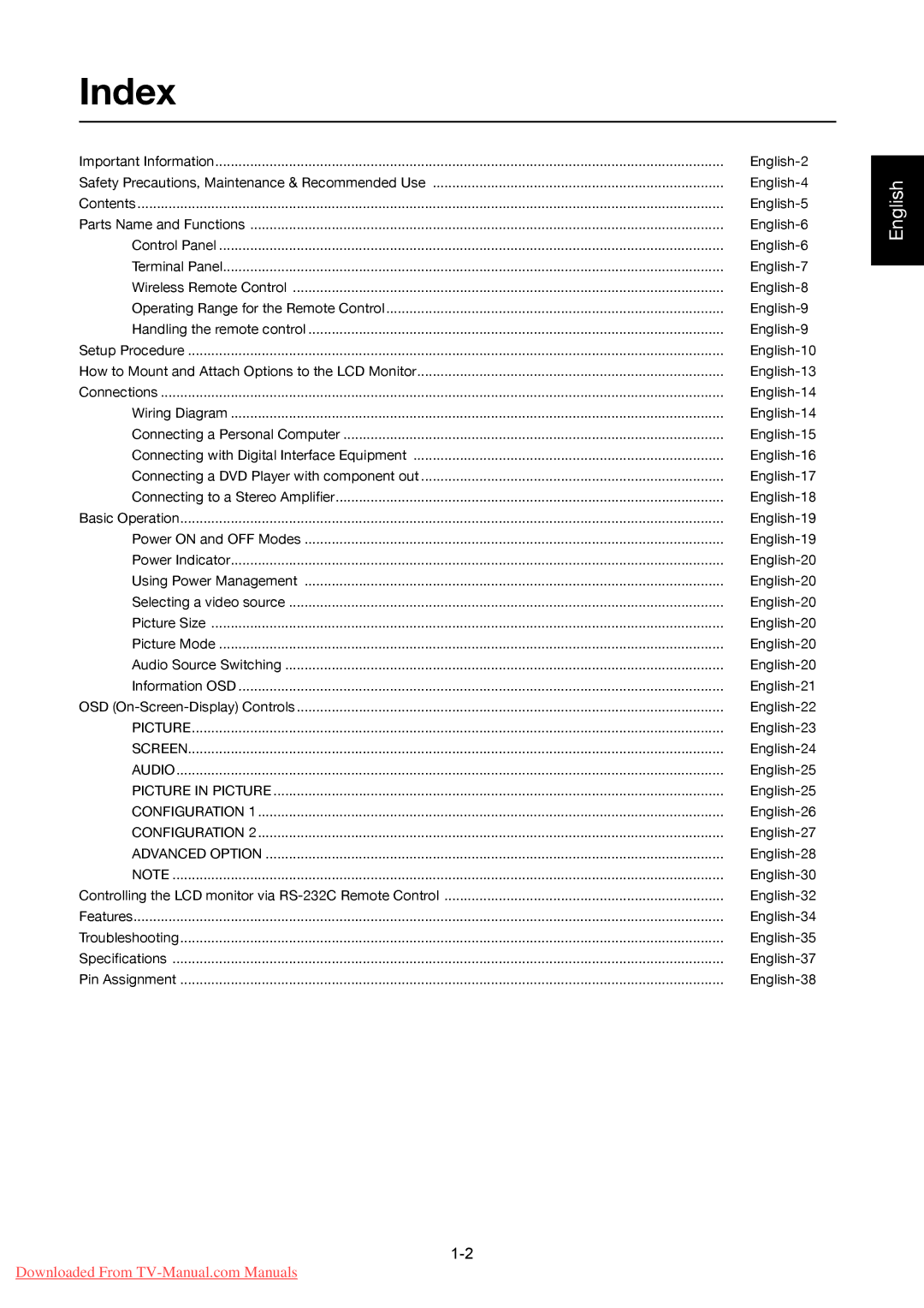 Mitsumi electronic LDT322V user manual Index, Advanced Option 