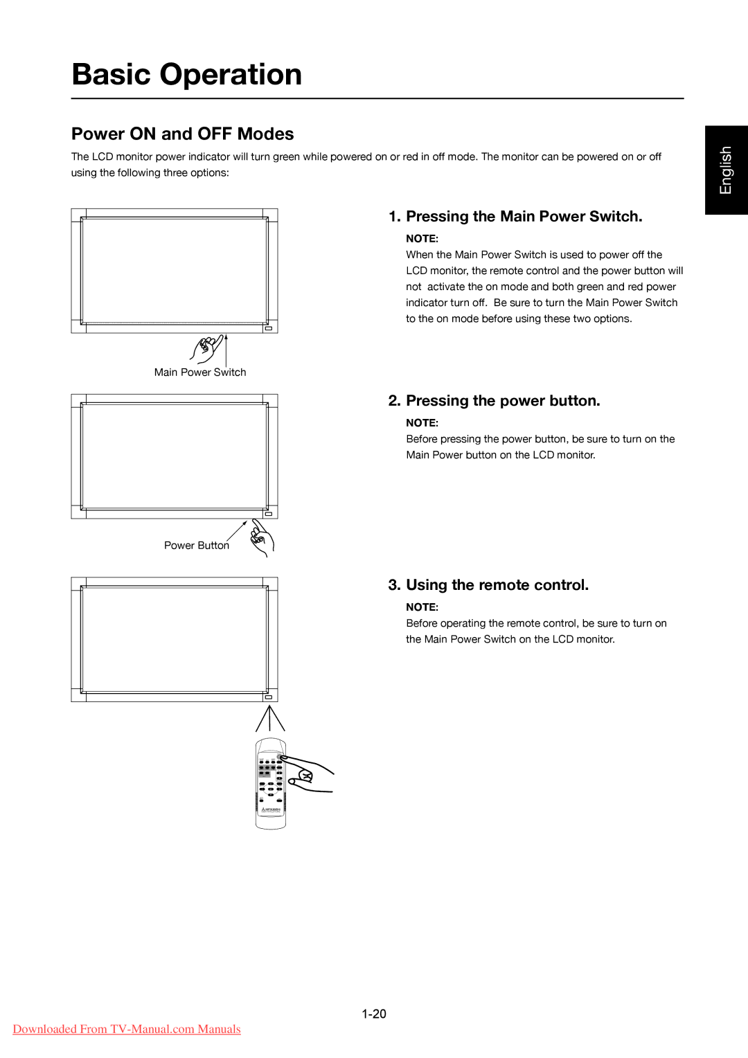 Mitsumi electronic LDT322V user manual Basic Operation, Power on and OFF Modes, Pressing the Main Power Switch 