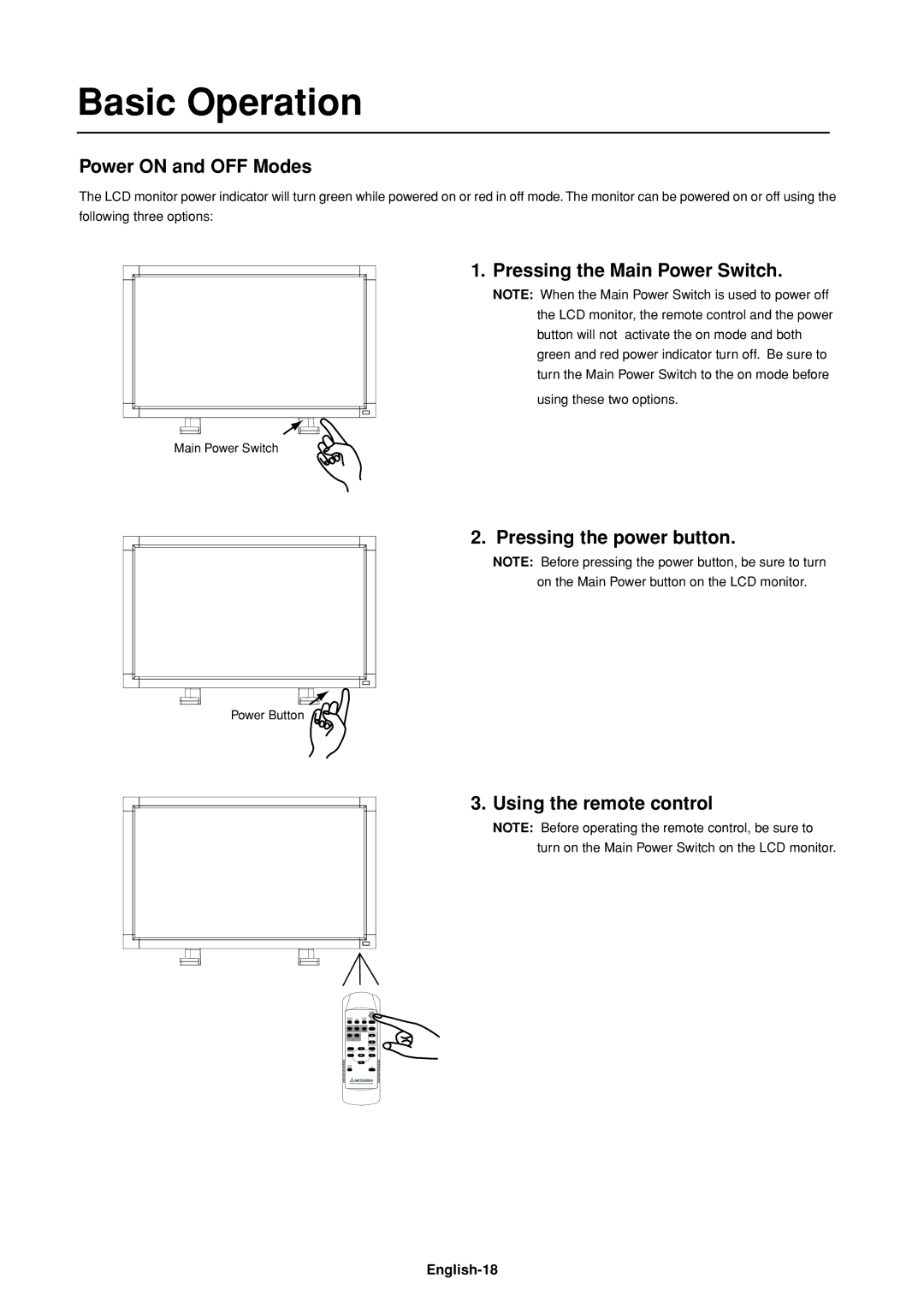 Mitsumi electronic LDT37Iv manual Basic Operation, Power on and OFF Modes, Pressing the Main Power Switch 