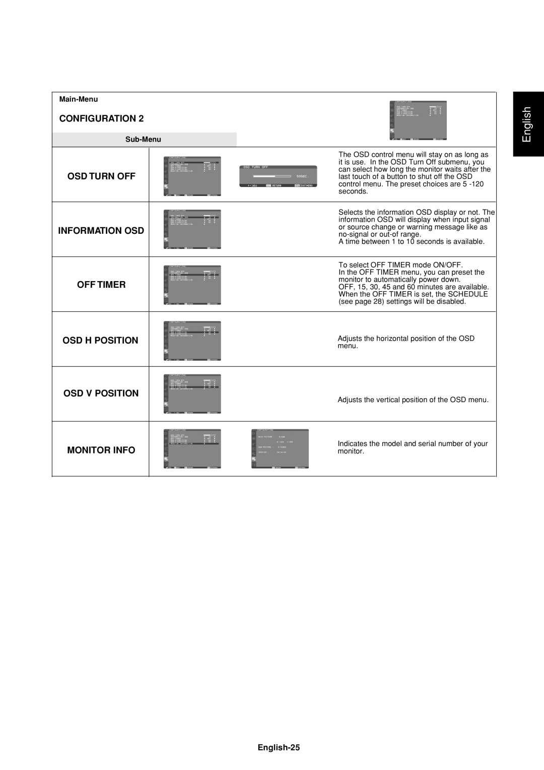 Mitsumi electronic LDT37Iv manual OSD Turn OFF, Information OSD, OFF Timer, OSD H Position, OSD V Position, Monitor Info 