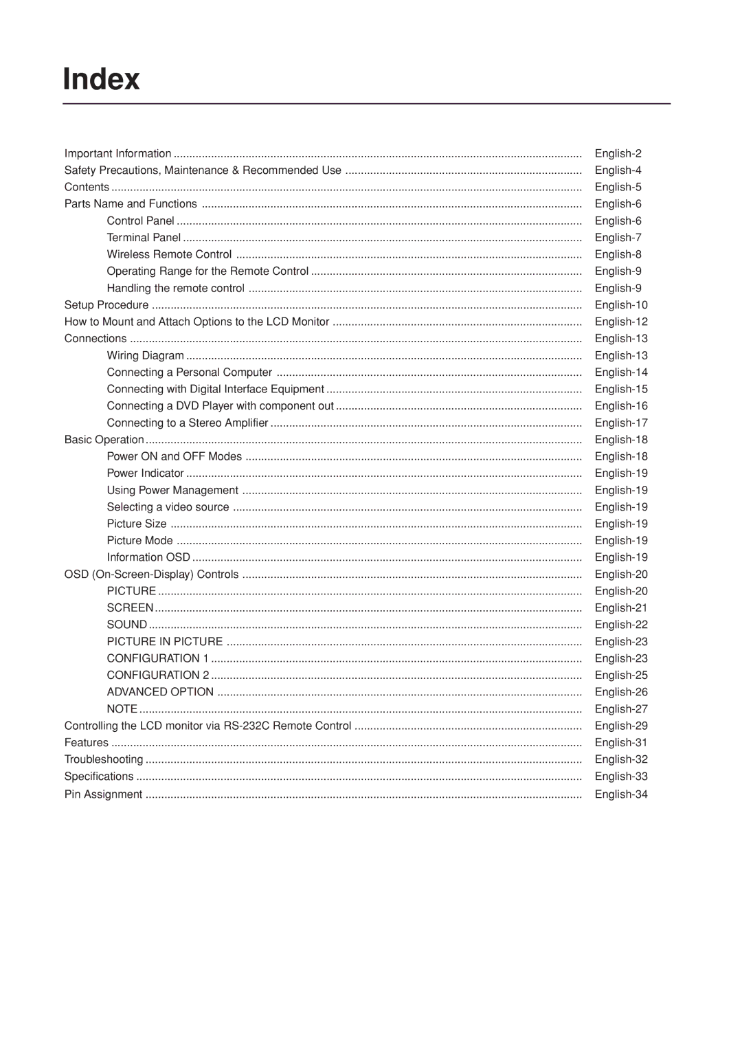 Mitsumi electronic LDT37Iv manual Index, Advanced Option 