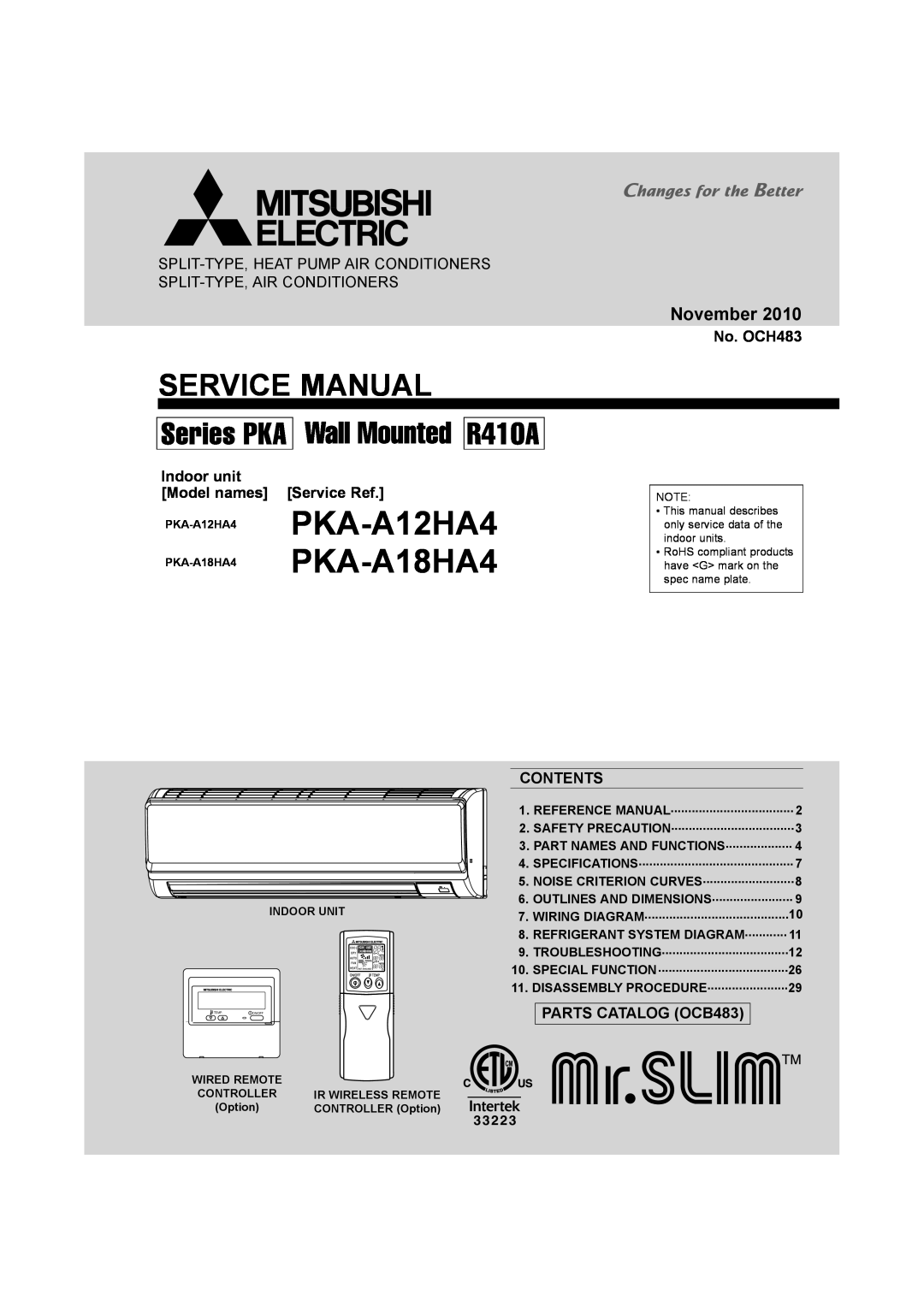 Mitsumi electronic PKA-A18HA4 service manual November, Split-Type,Heat Pump Air Conditioners, Split-Type,Air Conditioners 