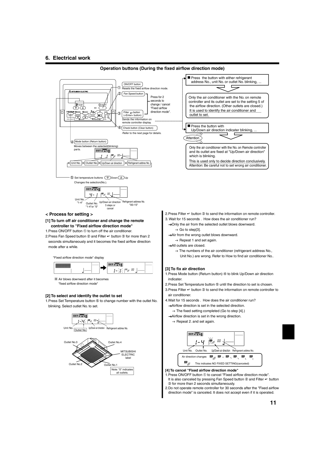 Mitsumi electronic PLA-ABA installation manual Operation buttons During the ﬁxed airﬂow direction mode, Process for setting 