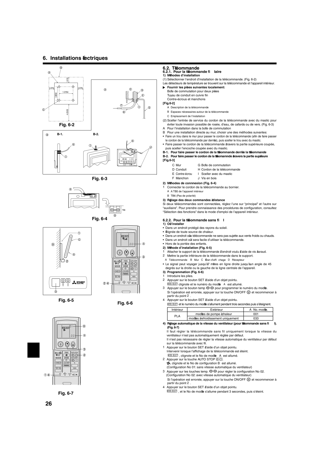 Mitsumi electronic PLA-ABA installation manual Télécommande, Pour la télécommande ﬁlaire, Pour la télécommande sans ﬁl 