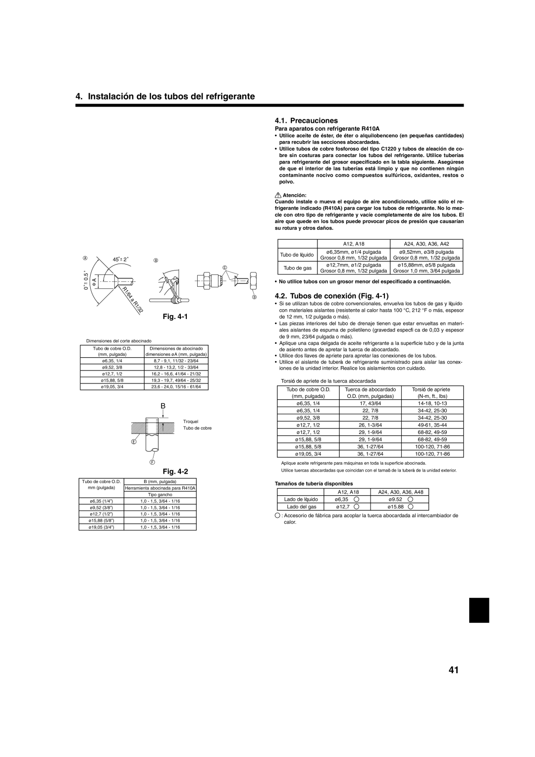 Mitsumi electronic PLA-ABA Instalación de los tubos del refrigerante, Precauciones, Tubos de conexión Fig 