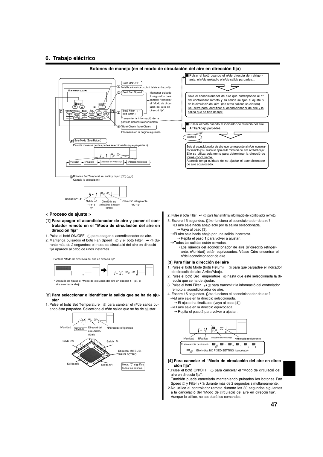 Mitsumi electronic PLA-ABA installation manual Proceso de ajuste, Para ﬁjar la dirección del aire 