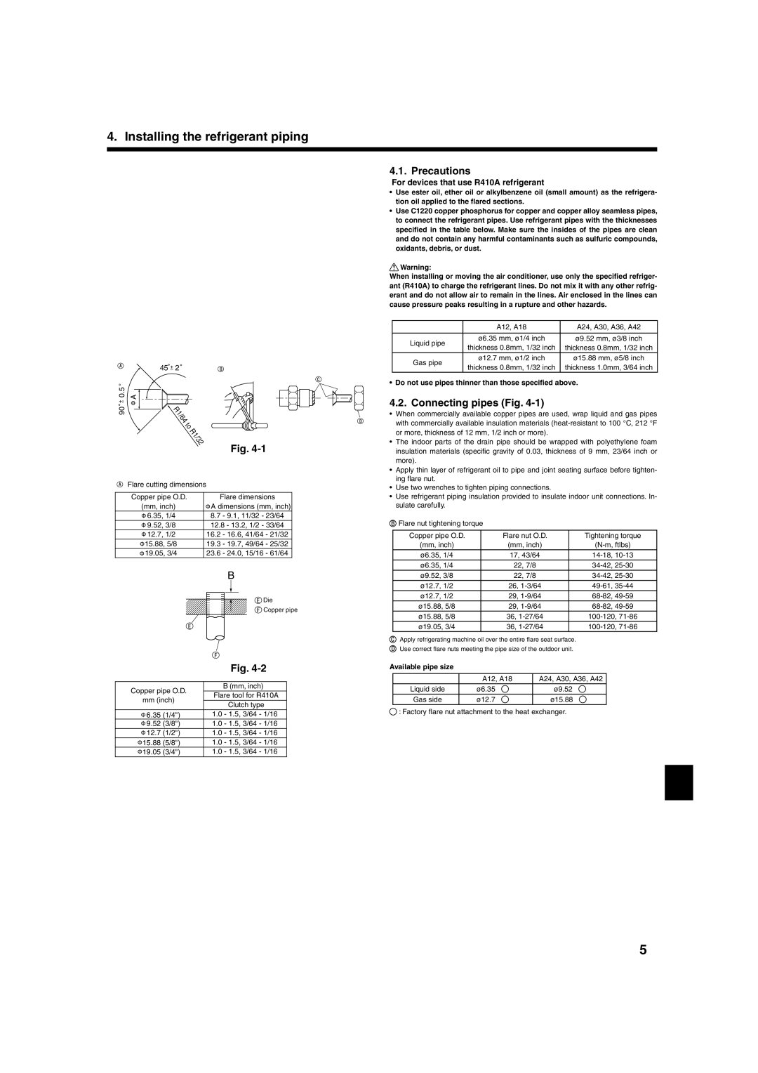 Mitsumi electronic PLA-ABA installation manual Installing the refrigerant piping, Precautions, Connecting pipes Fig 