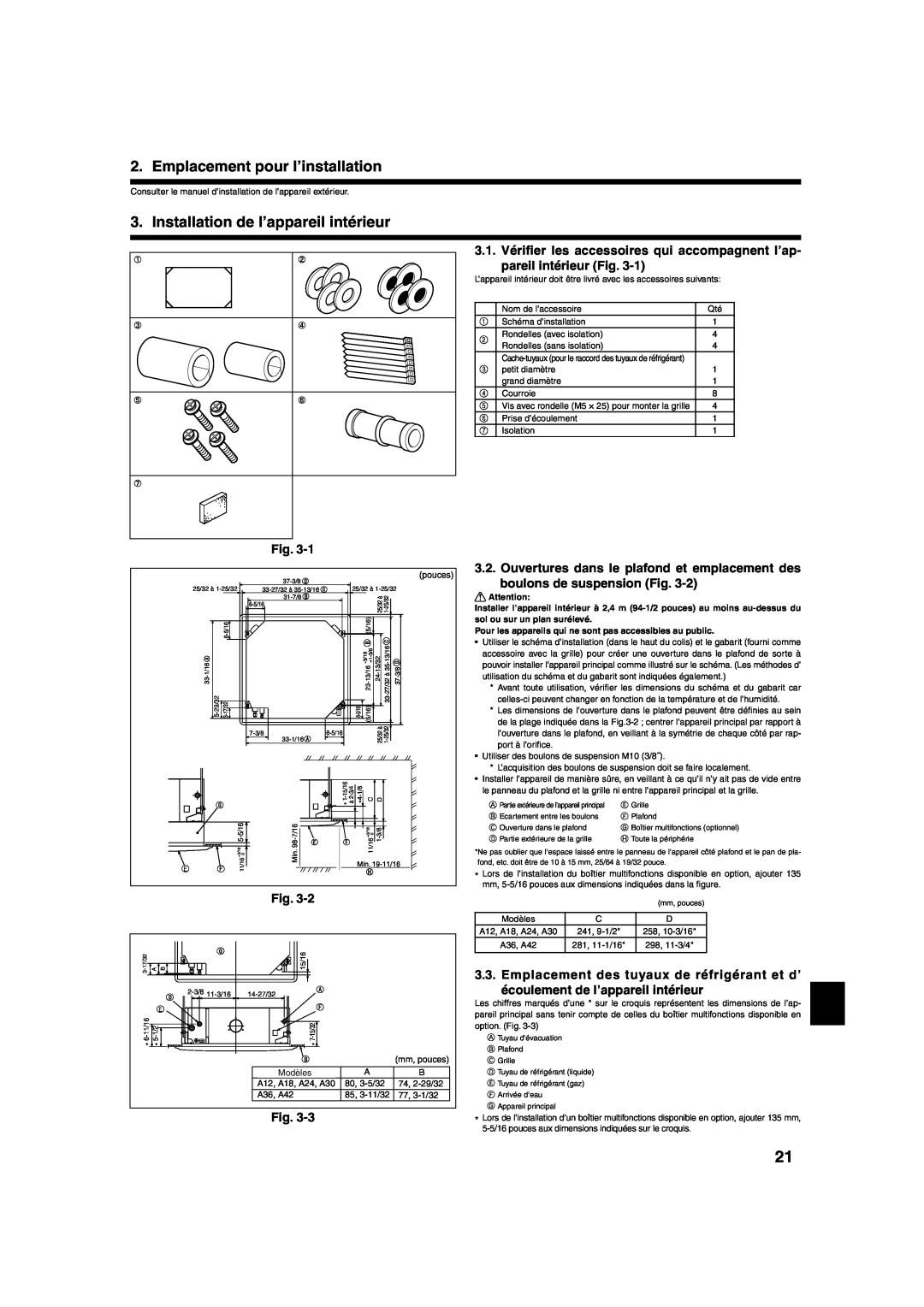 Mitsumi electronic PLA-ABA installation manual Emplacement pour l’installation, Installation de l’appareil intérieur 