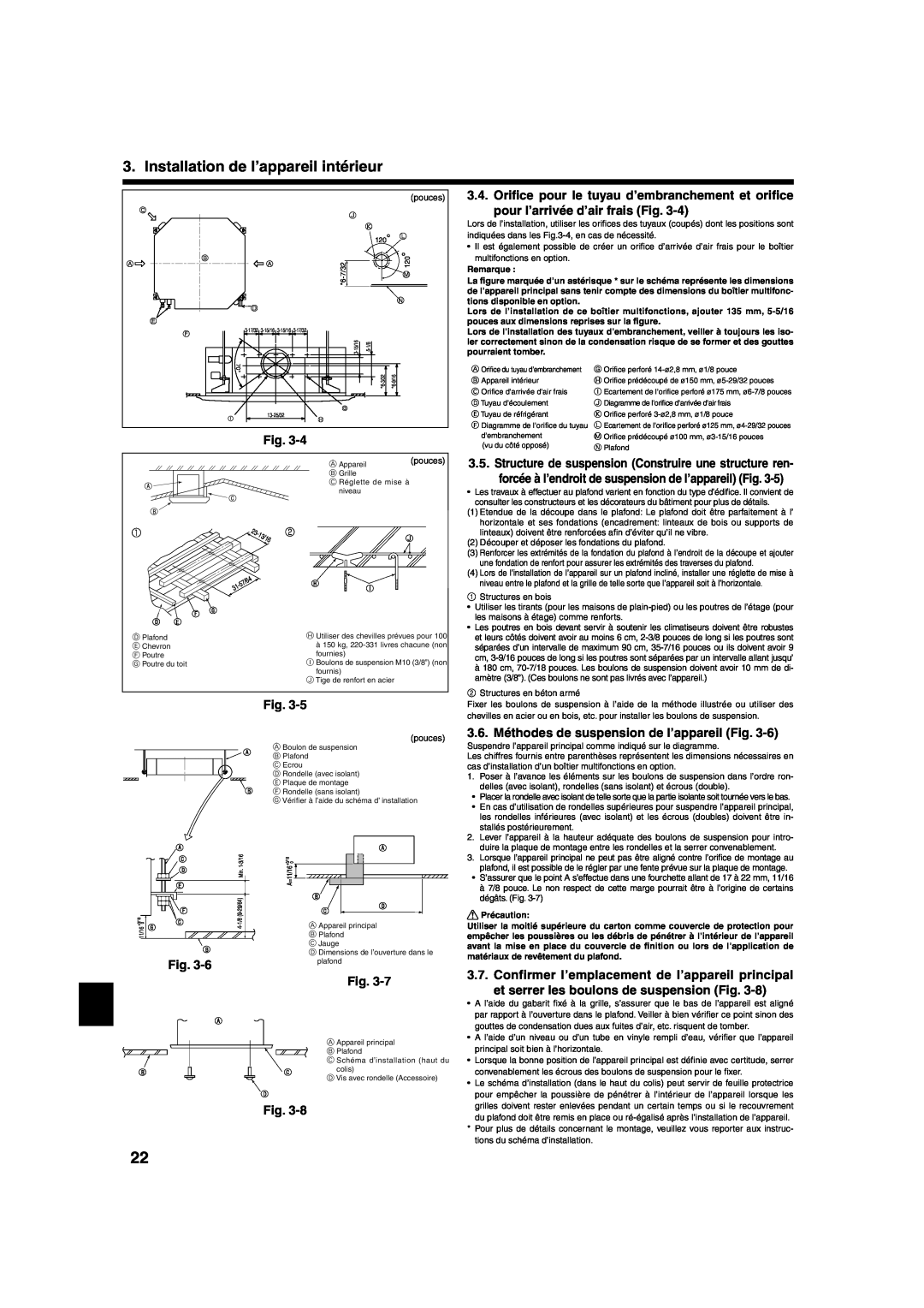 Mitsumi electronic PLA-ABA 3.6. Méthodes de suspension de l’appareil Fig, et serrer les boulons de suspension Fig, pouces 