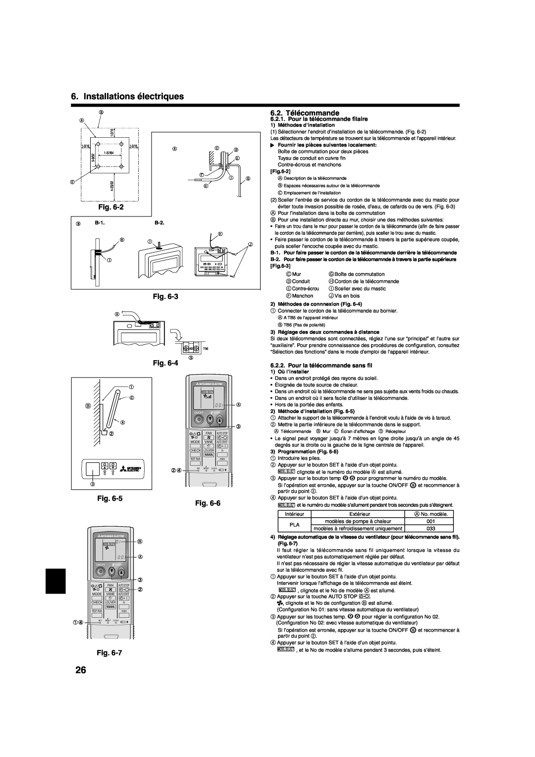 Mitsumi electronic PLA-ABA installation manual Installations électriques, 6.2. Télécommande, Pour la télécommande ﬁlaire 