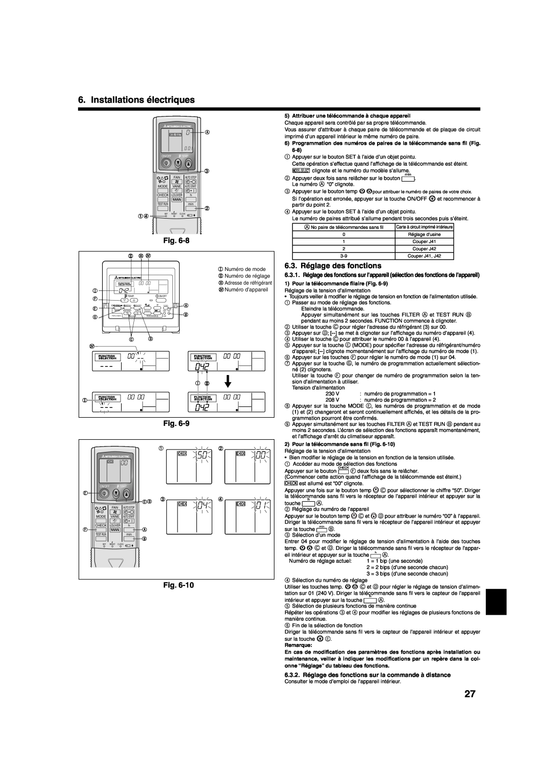 Mitsumi electronic PLA-ABA installation manual 6.3. Réglage des fonctions, Installations électriques 