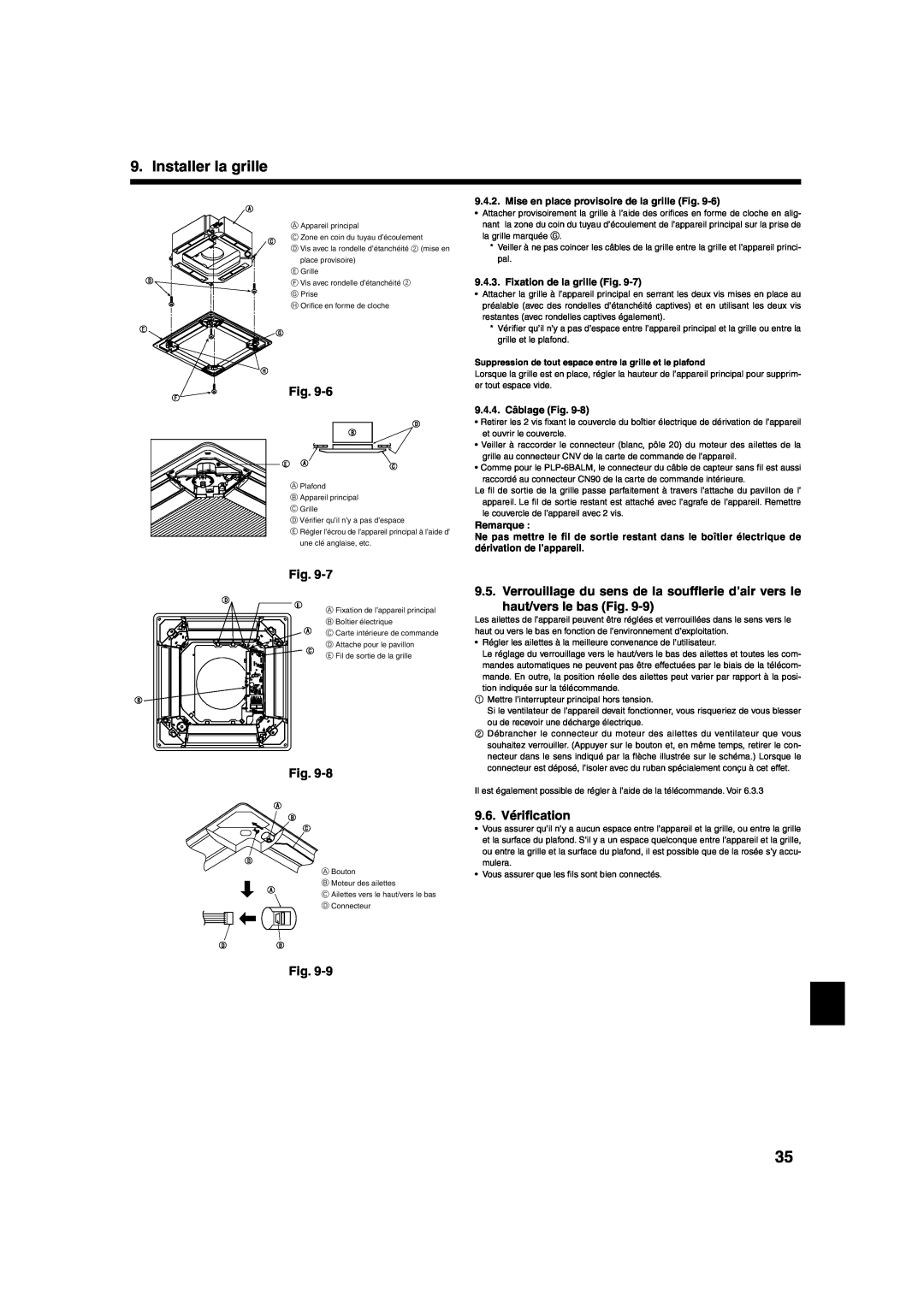 Mitsumi electronic PLA-ABA 9.6. Vériﬁcation, Installer la grille, Mise en place provisoire de la grille Fig, Remarque 
