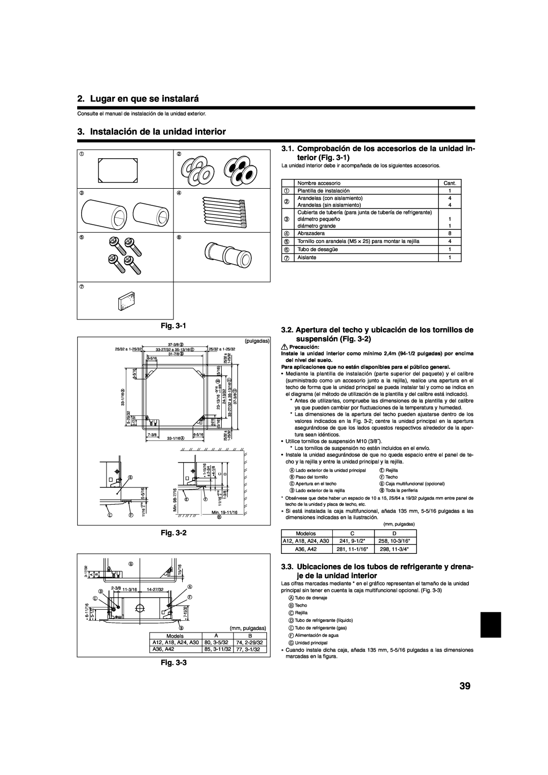 Mitsumi electronic PLA-ABA installation manual Lugar en que se instalará, Instalación de la unidad interior 