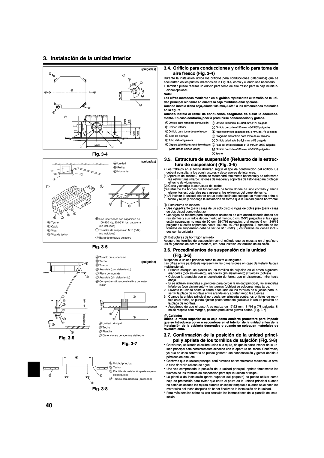 Mitsumi electronic PLA-ABA installation manual tura de suspensión Fig, Instalación de la unidad interior 