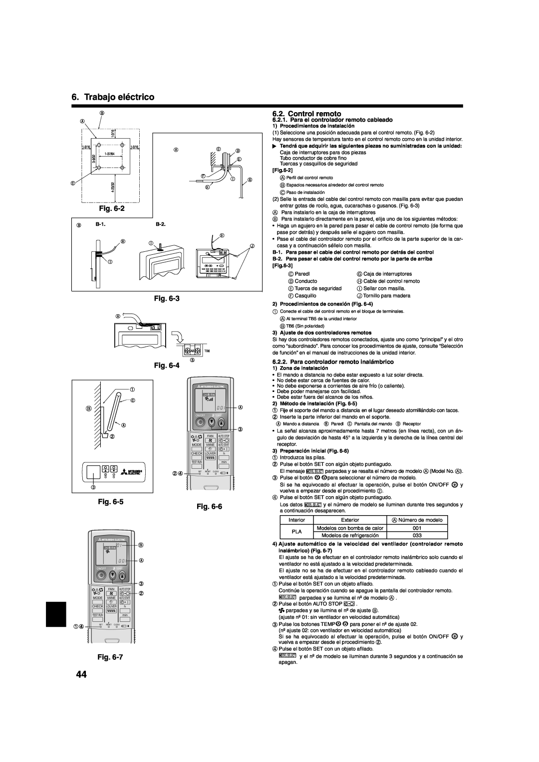 Mitsumi electronic PLA-ABA installation manual Trabajo eléctrico, Control remoto, Para el controlador remoto cableado 