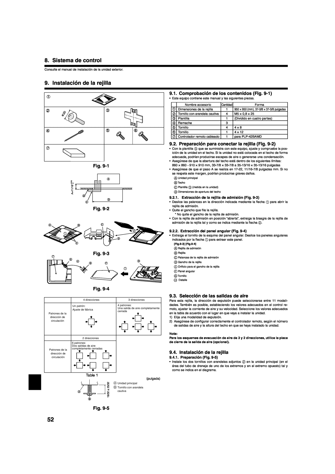 Mitsumi electronic PLA-ABA Sistema de control, Instalación de la rejilla, Fig. Fig. Fig, Selección de las salidas de aire 