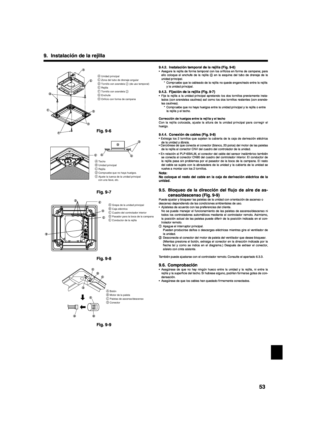 Mitsumi electronic PLA-ABA Comprobación, Instalación de la rejilla, Instalación temporal de la rejilla Fig, Nota 