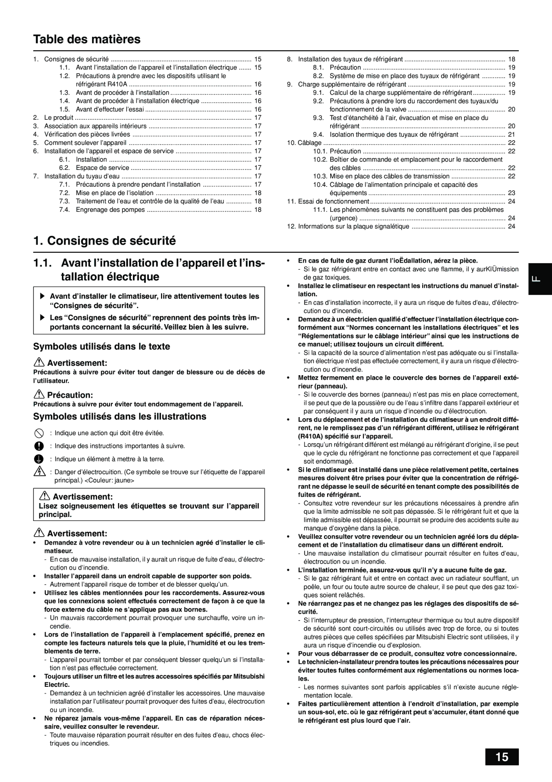 Mitsumi electronic PQHY-P7296TGMU-A installation manual Table des matières, Consignes de sécurité 