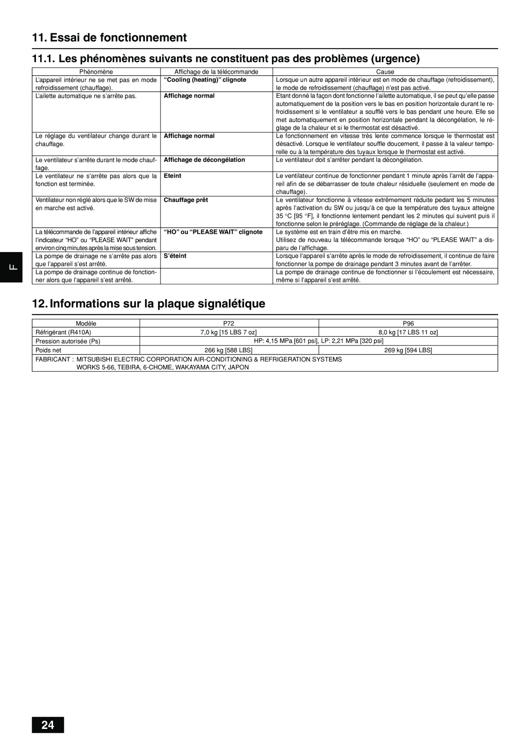Mitsumi electronic PQHY-P7296TGMU-A installation manual Essai de fonctionnement, Informations sur la plaque signalétique 