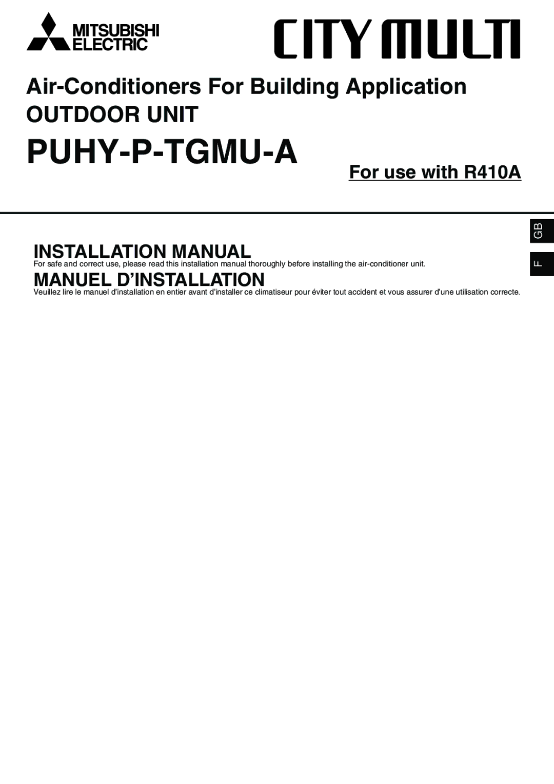 Mitsumi electronic PUHY-P-TGMU-A installation manual Puhy-P-Tgmu-A 