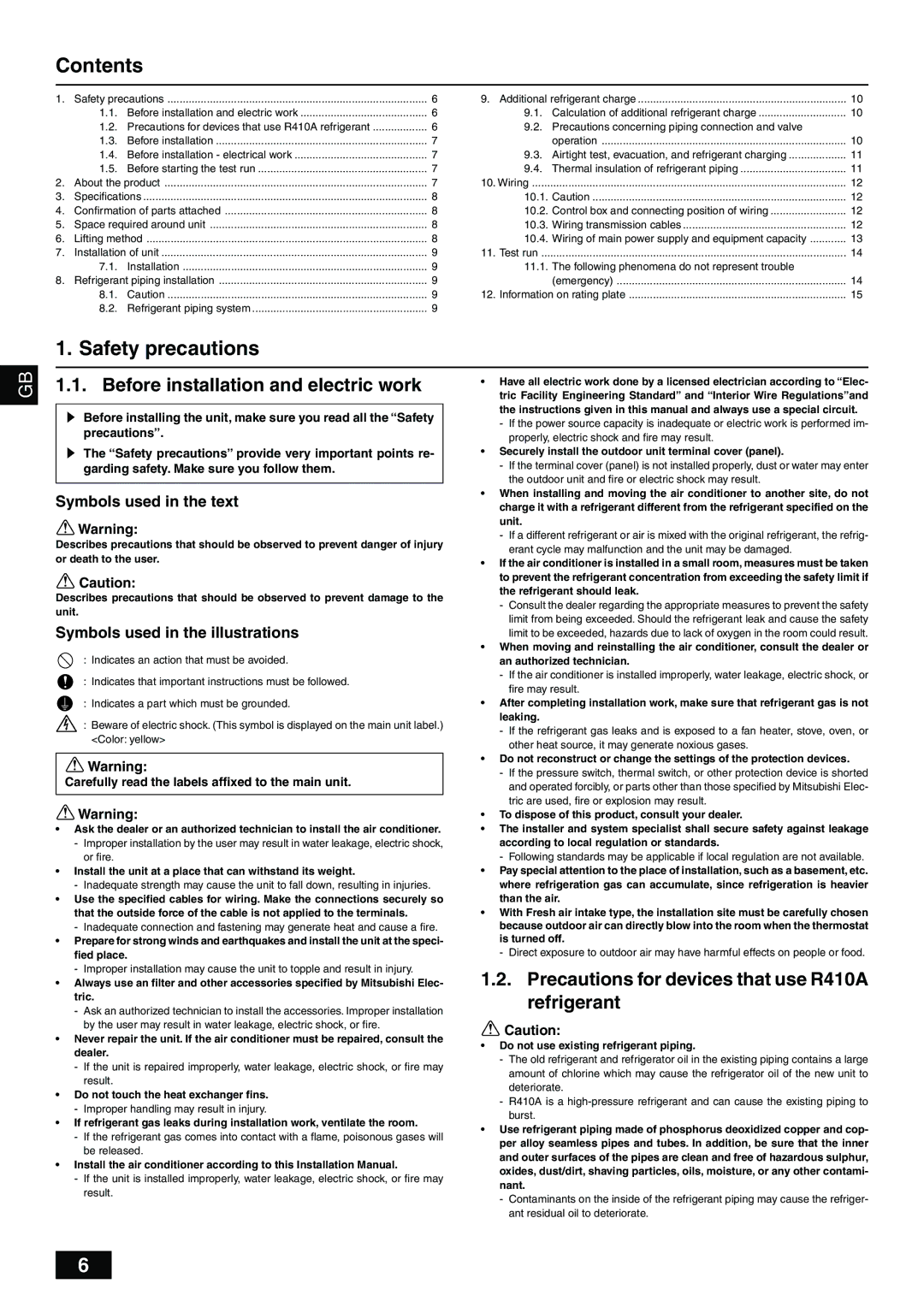 Mitsumi electronic PUHY-P-TGMU-A installation manual Contents, Safety precautions 