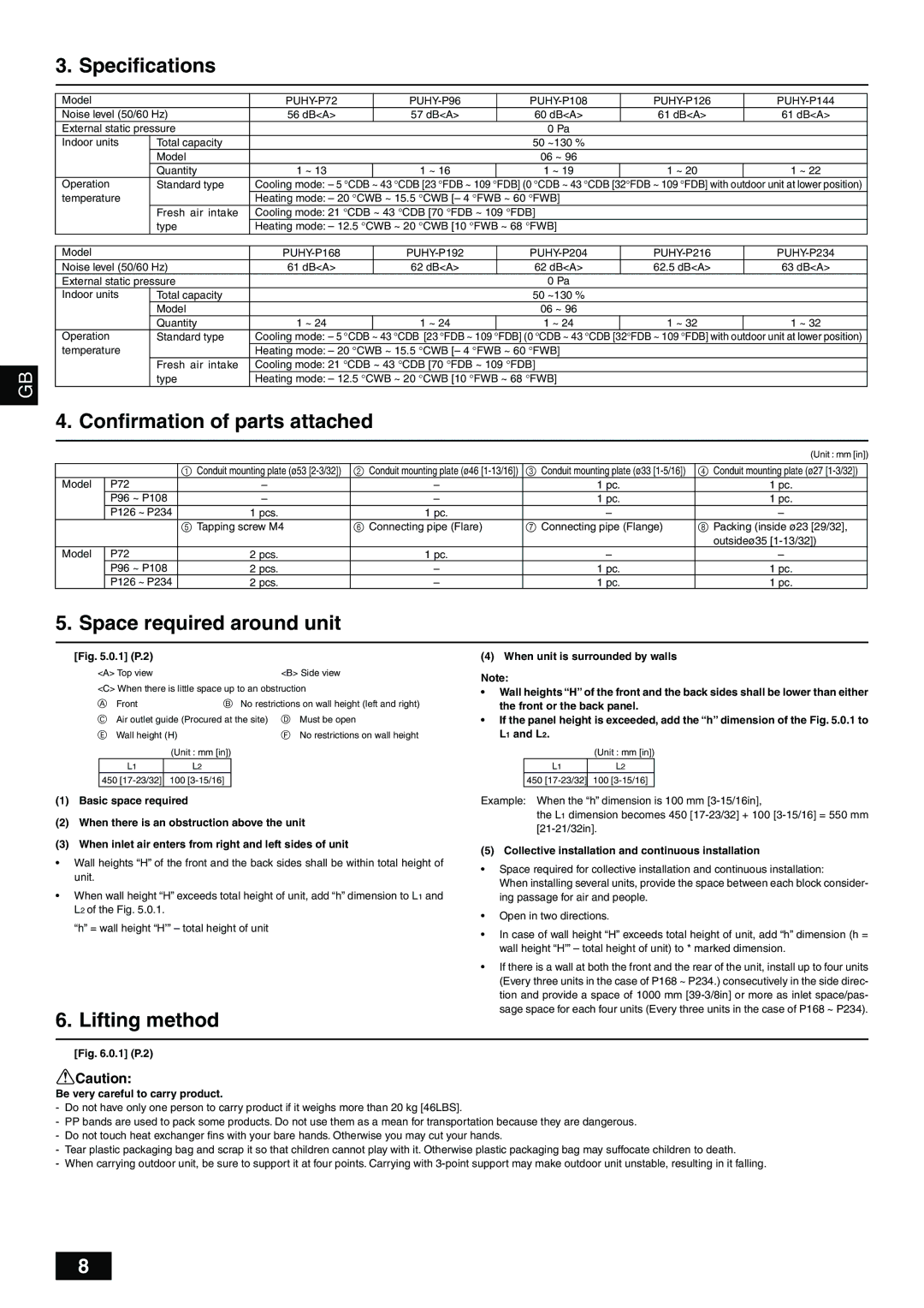 Mitsumi electronic PUHY-P-TGMU-A Specifications, Confirmation of parts attached, Space required around unit 