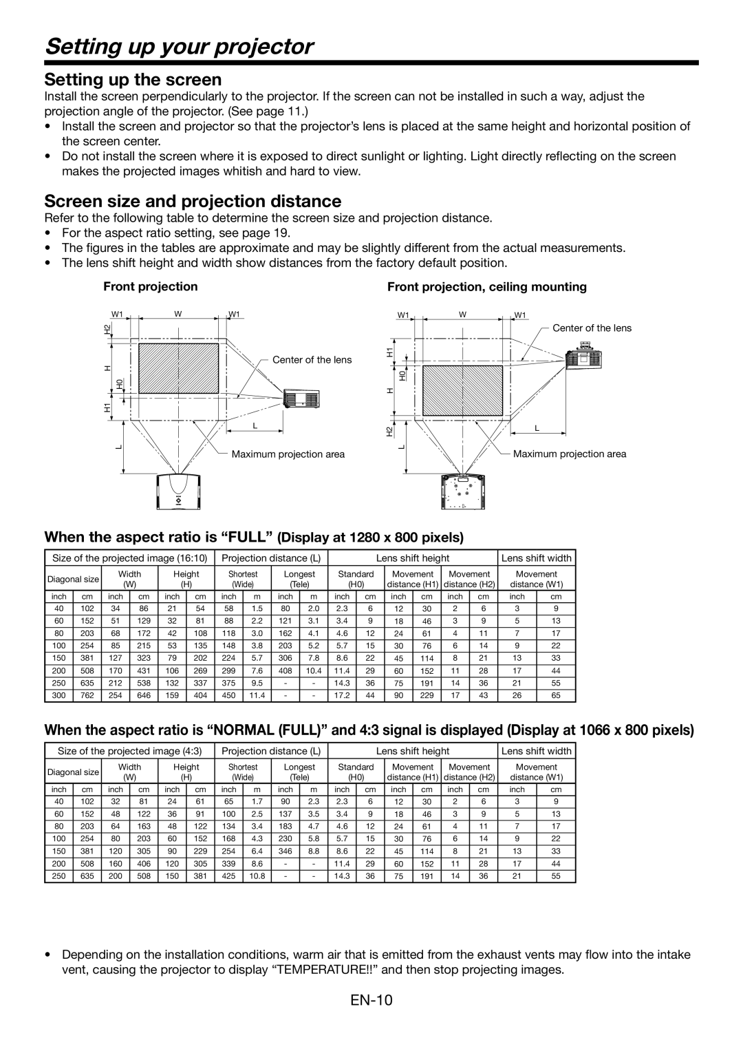 Mitsumi electronic WD3300U Setting up your projector, Setting up the screen, Screen size and projection distance 