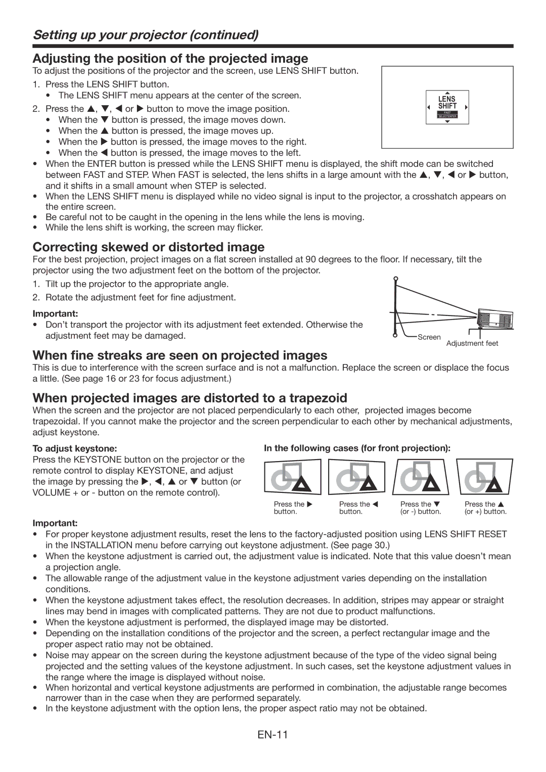 Mitsumi electronic WD3300U user manual Setting up your projector, Adjusting the position of the projected image 