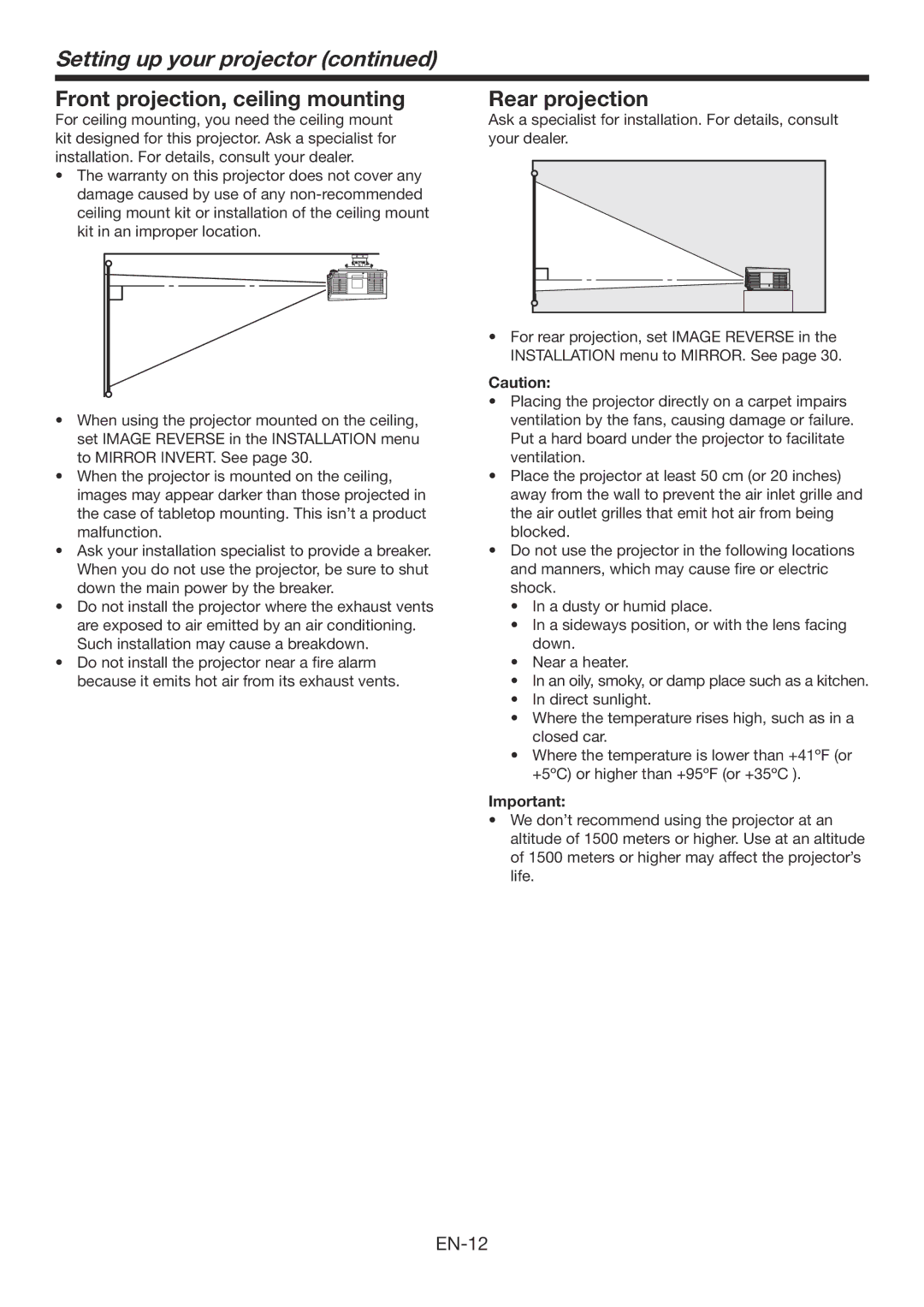 Mitsumi electronic WD3300U user manual Front projection, ceiling mounting, Rear projection 