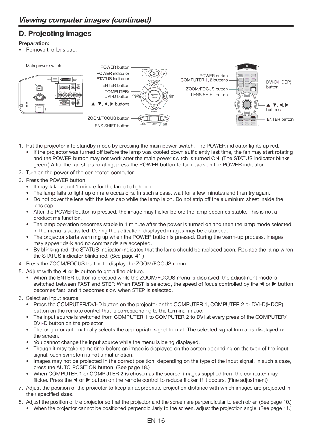 Mitsumi electronic WD3300U user manual Projecting images, Remove the lens cap 