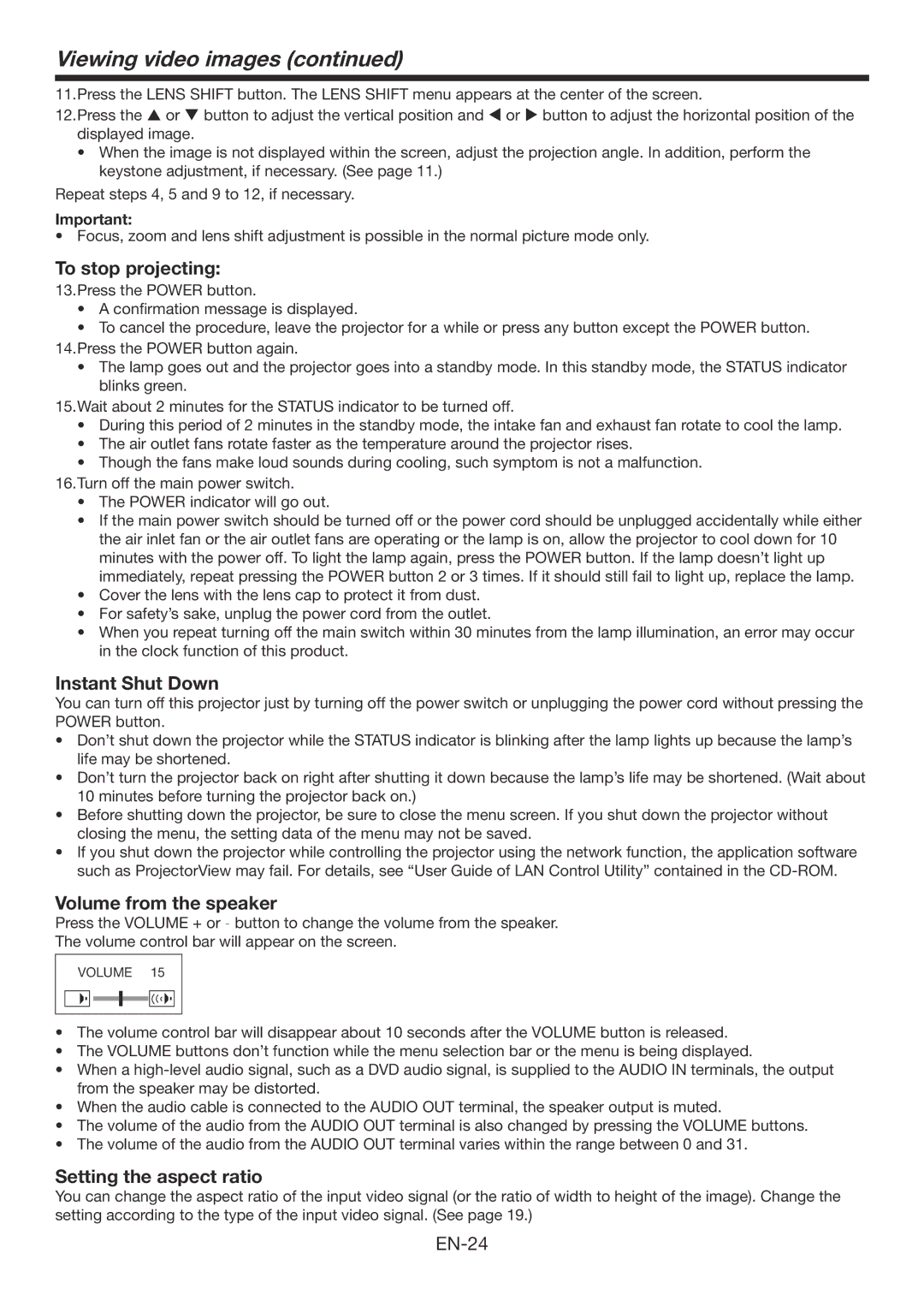 Mitsumi electronic WD3300U user manual To stop projecting, Volume from the speaker 